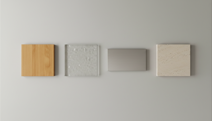 Visão superior de materiais domésticos preservados com madeira, vidro e metal lado a lado