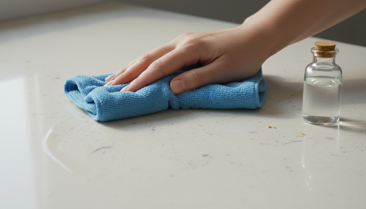 Close-up view of a countertop being cleaned with a soft microfiber cloth.