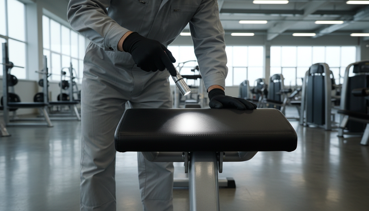 Wide-angle view of a technician inspecting gym equipment surfaces with a handheld light.
