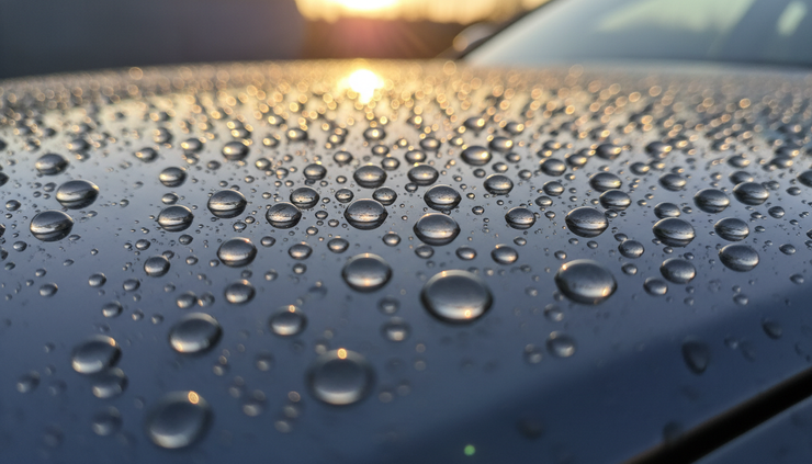 Close-up de gotas de água sobre a pintura protegida de um carro cinza