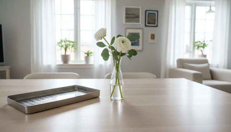 Eye-level view of a clean wooden table with glass and metal objects in a home environment
