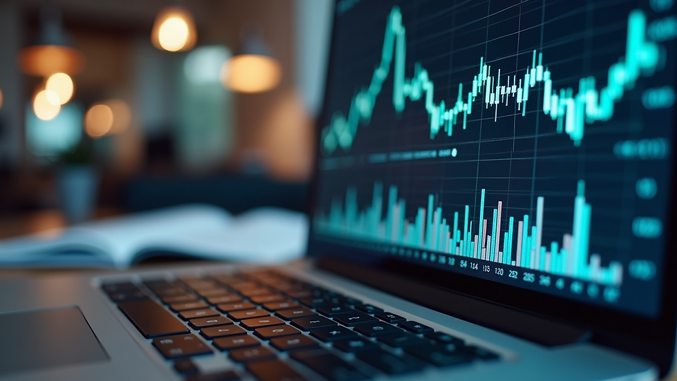 Eye-level view of a laptop screen showing financial charts