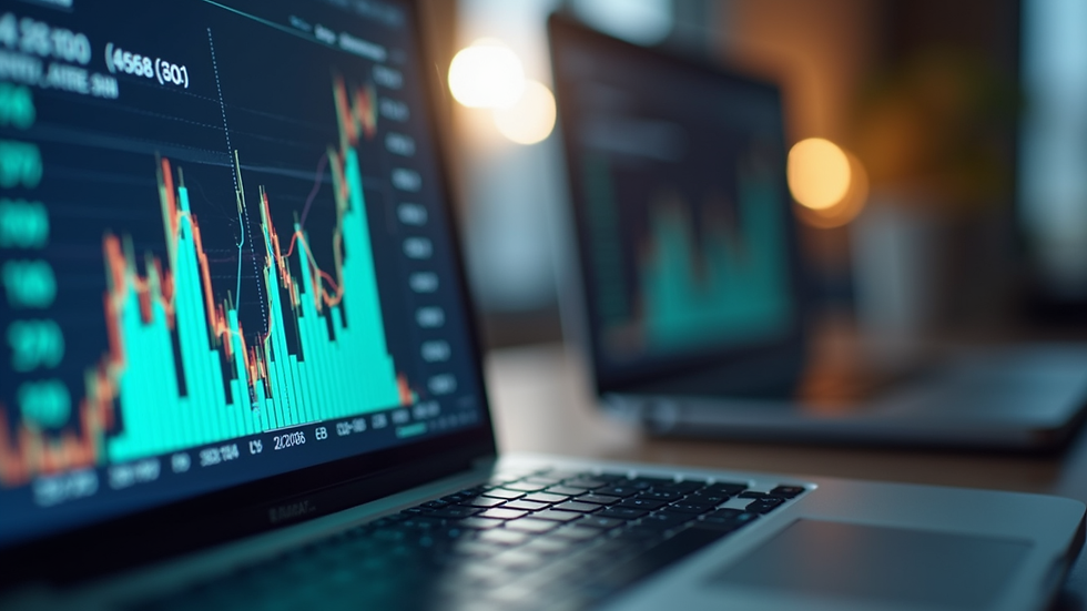 Eye-level view of a laptop displaying financial charts