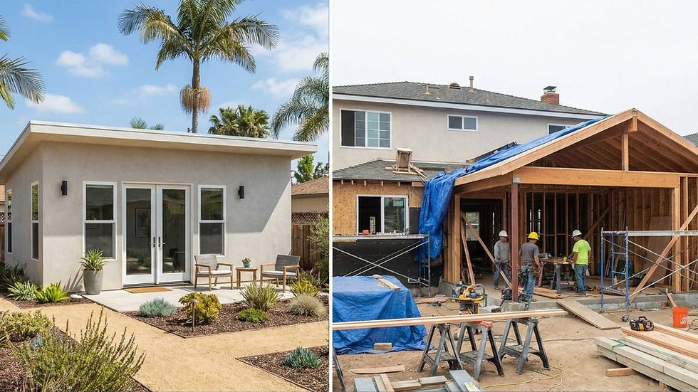 Split image: left shows a finished backyard studio with plants and chairs under palm trees; right depicts a house extension under construction.
