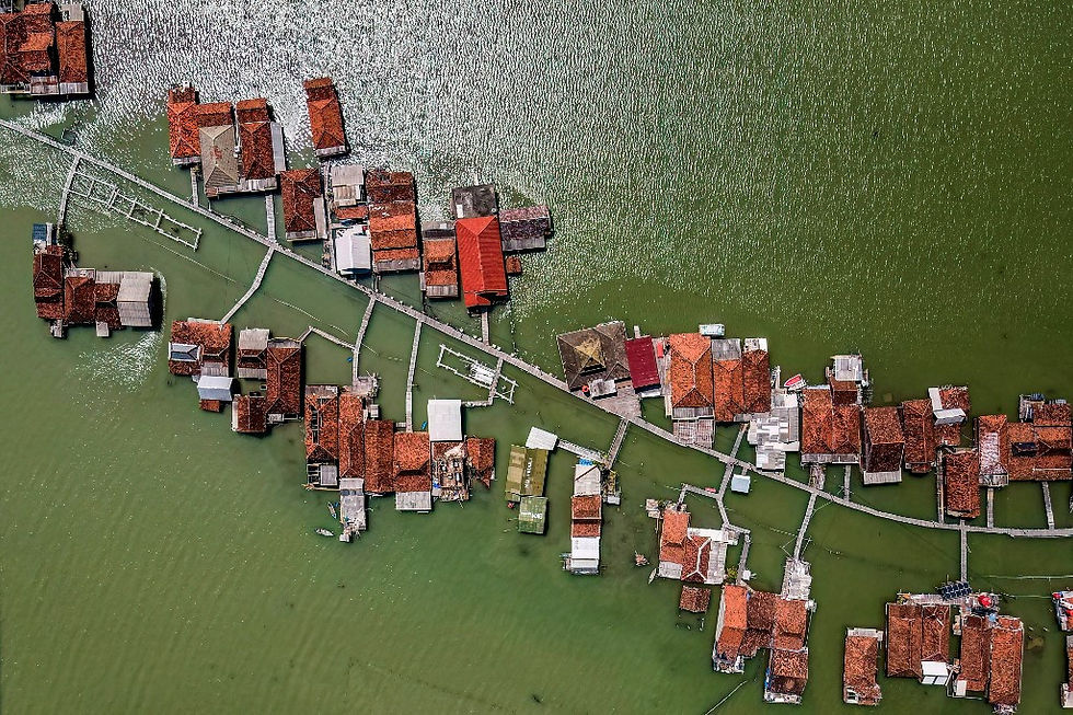 This photo, taken on July 30, 2025, shows an aerial view of partially submerged houses due to land loss from climate change at Timbulsloko village in Demak, Central Java. (AFP/Bay Ismoyo)
