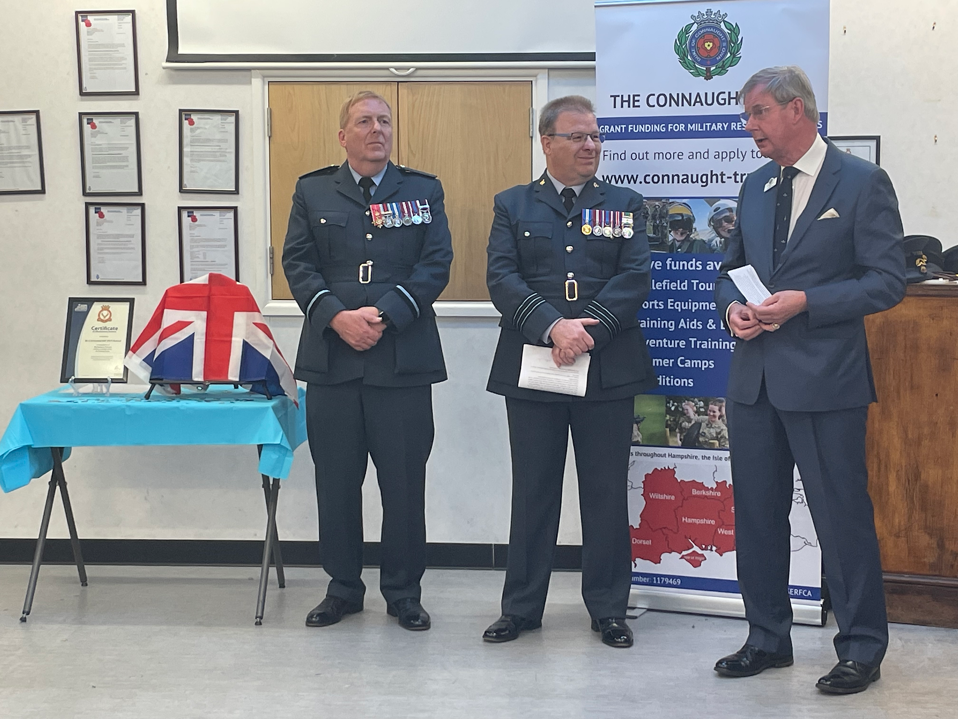 L-R Air Commodore Simon Harper; Wing Commander Mark Trevena, Vice Lord-Lieutenant of Hampshire and Chair of The Connaught Trust, Colonel Charles Ackroyd.