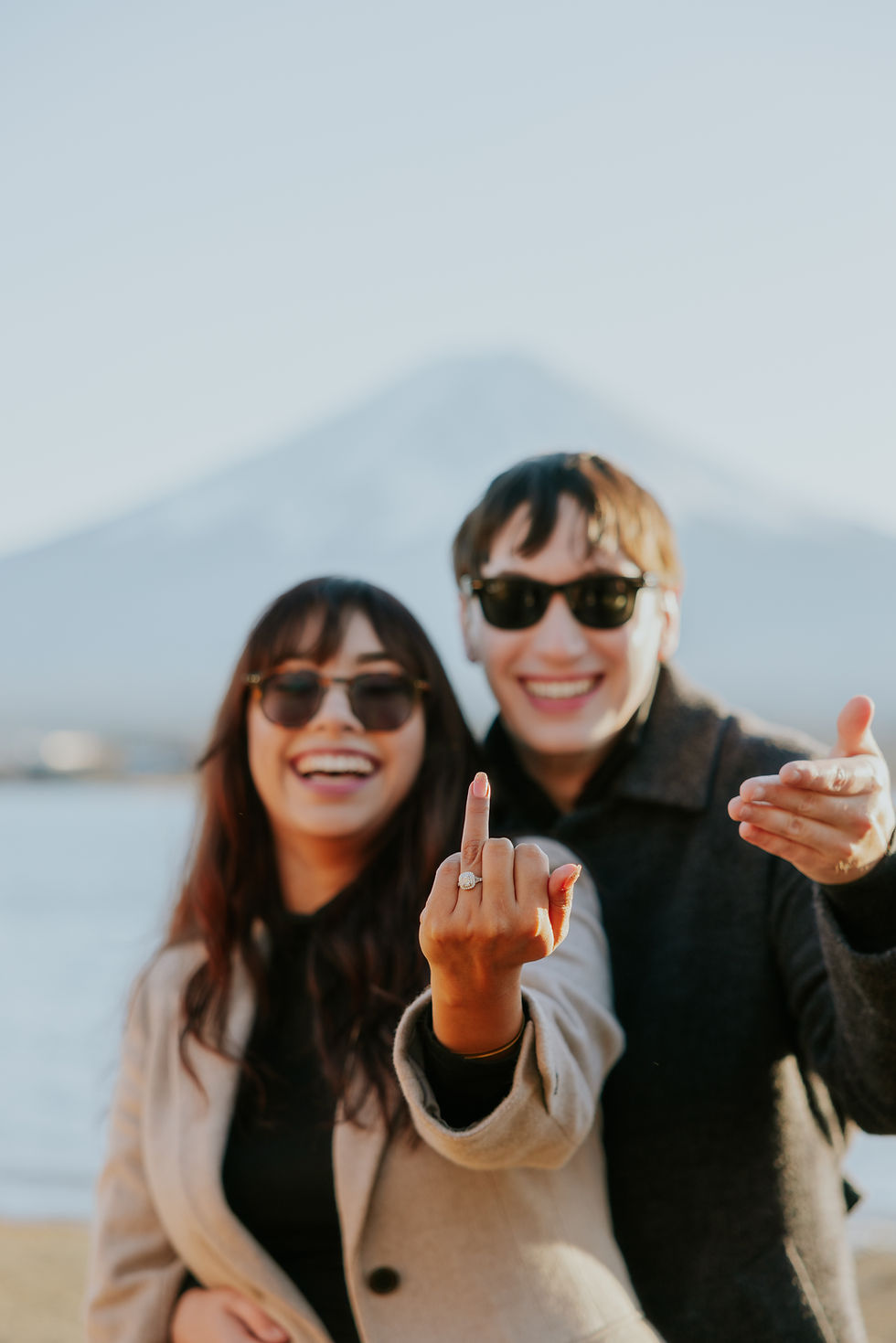 Engagement proposal at Nagasaki Park, Lake Kawaguchiko during sunset with Mount Fuji in the background