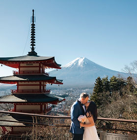 Couple from Vietnam during their pre-wedding photoshoot with Mt. Fuji background — captured at Chureito Pagoda, Shimoyoshida Street, Lake Kawaguchiko, and Fuji Sengen Shrine by JCG Media Group