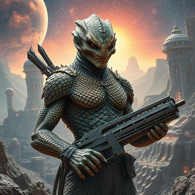 Alien reptilian warrior with a large gun stands on an alien planet with a red sky and rocky ancient structures in the background.