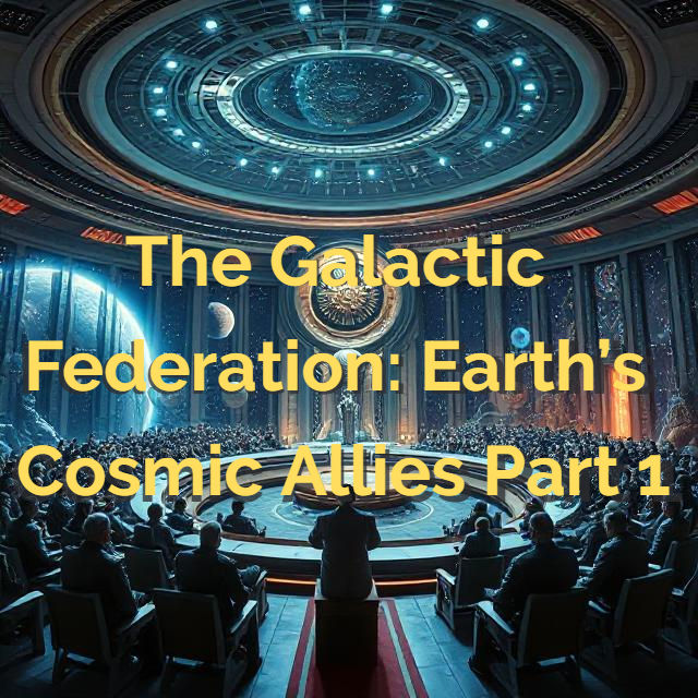 Futuristic council scene with people seated around a circular table, cosmic backdrop. Text: "The Galactic Federation: Earth's Cosmic Allies Part 1."