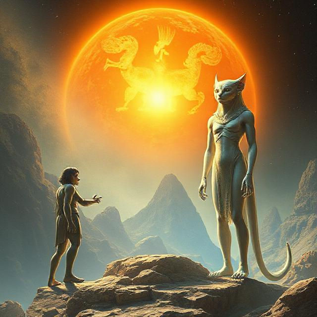 A human and tall feline humanoid stand on rocky terrain under an orange sun with animal symbols. Mountains in the background create an epic mood.
