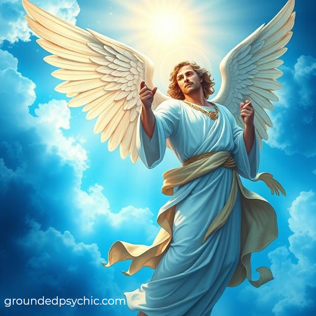 Angel in white with large wings and halo floats in a bright blue sky with clouds. Sunlight radiates from behind, creating a serene mood.