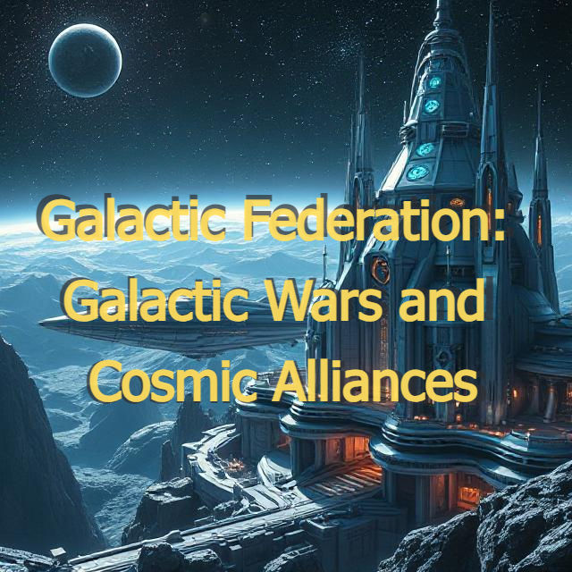 Futuristic cityscape on a rocky planet, blue-lit structures under a starry sky. Visible text: "Galactic Federation: Galactic Wars and Cosmic Alliances."