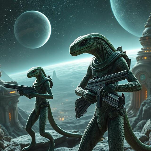 Alien creatures with rifles stand on a lunar surface, planets visible in a blue-tinted sky. Futuristic buildings in the background.