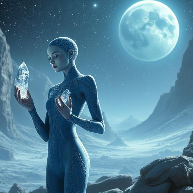 Futuristic figure in blue suit holds crystals under a bright moon on a snowy alien landscape, creating a serene, mysterious atmosphere.