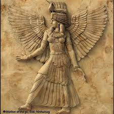 Ancient relief of a winged goddess wearing a horned headdress and layered skirt. Background is stone-like with engraved patterns. Text: "Mother of the gs, Erki Ninharsag".
