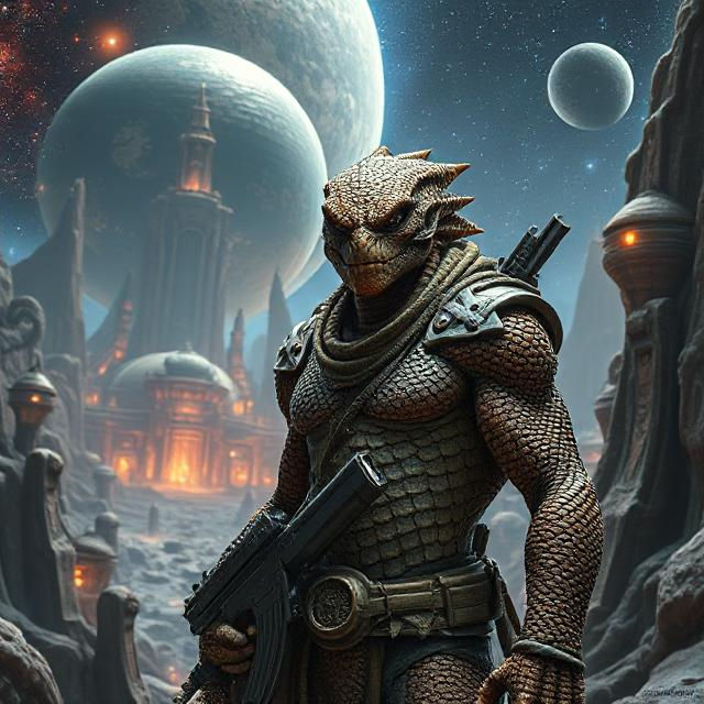 Alien warrior in armor holds a rifle in a rocky alien landscape. Two large planets loom in a starry sky, evoking a sci-fi atmosphere.