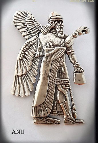 Ancient winged figure in detailed silver attire holding a bucket and cone. Text "ANU" below. Background is plain white.