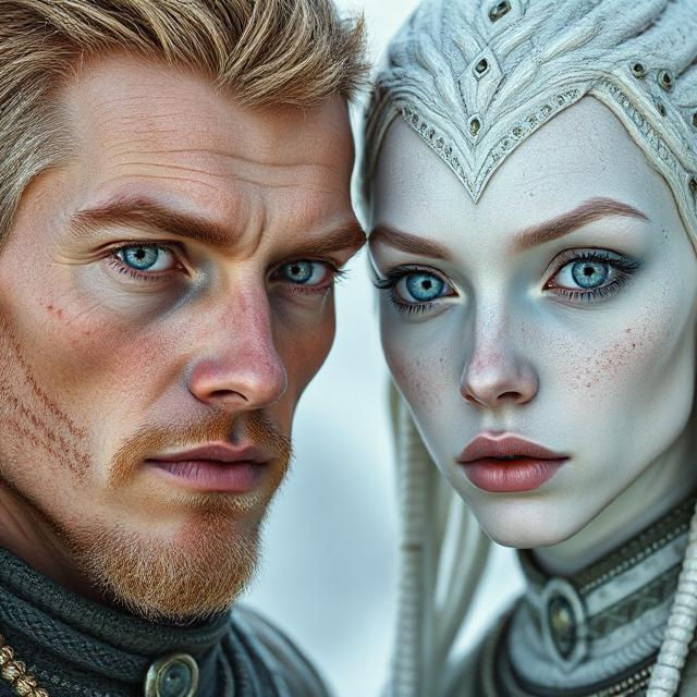 A man and woman with intricate facial features and piercing blue eyes stare intently. They wear elaborate clothing, creating a fantasy vibe.