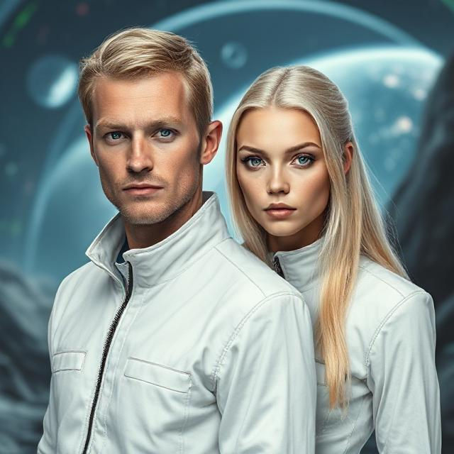 Two people in white futuristic outfits stand in front of a sci-fi background with planets. Both have serious expressions.