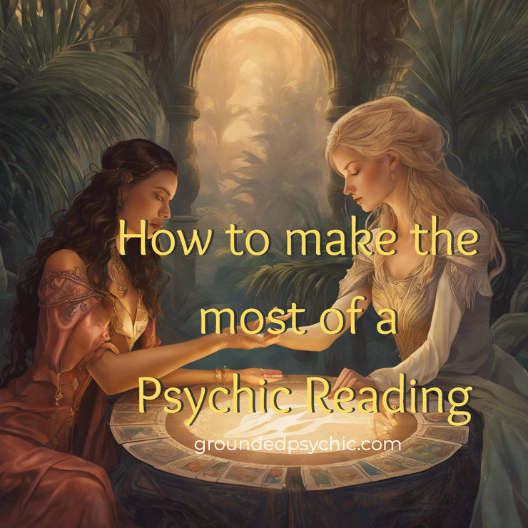 Two women in a glowing temple hold hands over a lit divination table; text says How to make the most of a Psychic Reading.