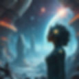 A figure in ornate attire stands on a futuristic alien landscape with glowing structures, under a starry sky and a large blue planet.