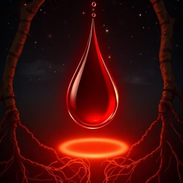 Glowing red droplet hovers above a neon ring in a dark starry scene, framed by twisted roots; eerie, surreal mood