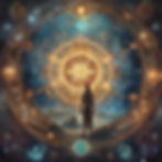 A person stands before a cosmic, ornate portal with swirling celestial patterns and vibrant orbs, evoking a mystical, awe-inspiring scene.