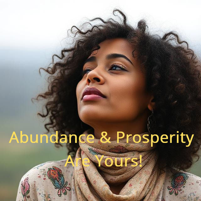 Woman with curly hair looks upward, wearing patterned scarf. Text reads "Abundance & Prosperity Are Yours!" in yellow. Blurred background.