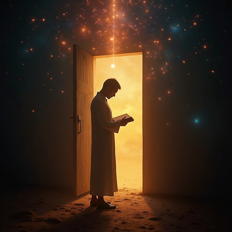 Silhouetted man reads a book in a glowing doorway beneath a starry sky, creating a dreamy, contemplative mood.
