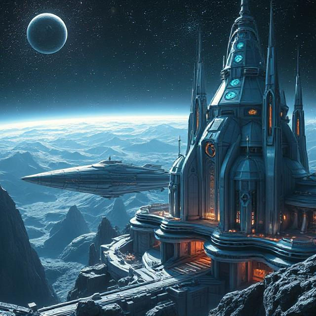 Futuristic space structure on rocky terrain, with illuminated spires. A spaceship hovers nearby under a starry sky and distant planet.
