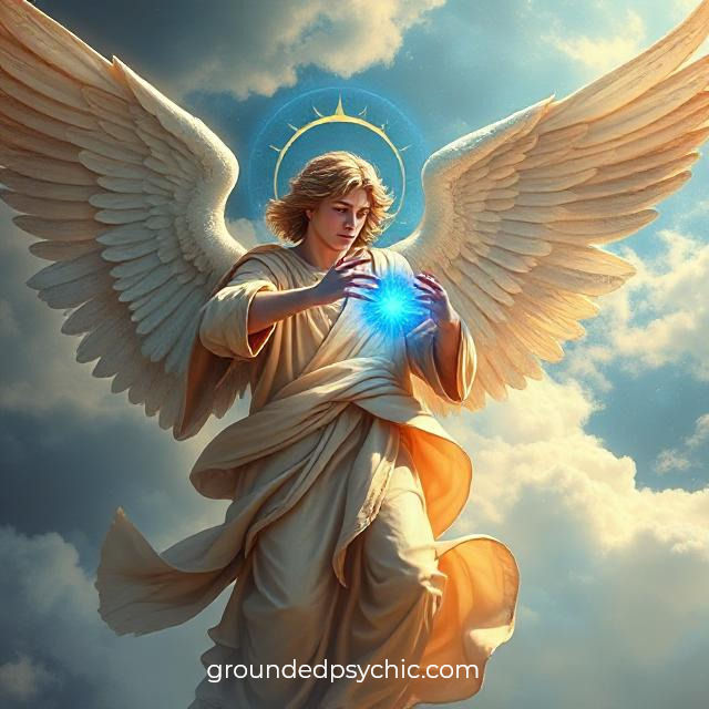 An angel with white wings and halo holds a glowing blue orb in a cloudy sky. The golden robe and serene expression create a divine mood.