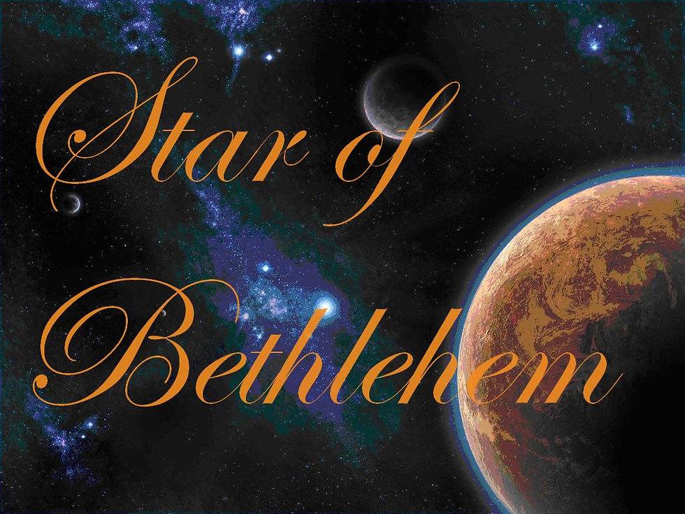 Space scene with planets, nebulae, and stars. Orange text reads "Star of Bethlehem" in elegant script. Cosmic, mysterious atmosphere.