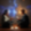 Two people sit cross-legged, facing each other with intense focus, holding glowing tablets. Blue and orange energy swirls connect their minds.