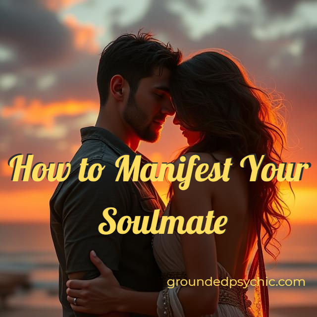 Couple embraces at sunset with warm, romantic lighting. Text: How to Manifest Your Soulmate. Mood: intimate. Background: blurred sunset.