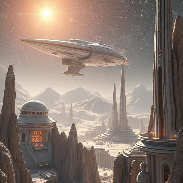 Futuristic cityscape with a flying saucer over tall spires, snow-capped mountains, and a glowing sun, evoking a sci-fi atmosphere.