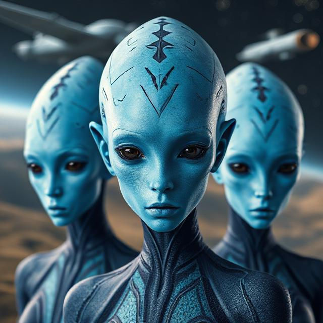 Three blue alien figures with intricate patterns, standing closely. Space backdrop with two spaceships in the distance, creating a mysterious mood.