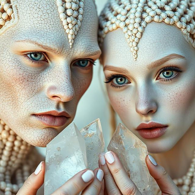 Two people with ornate, beaded headpieces hold clear crystals closely. Their expressions are intense, with cracked-texture skin and blue eyes.