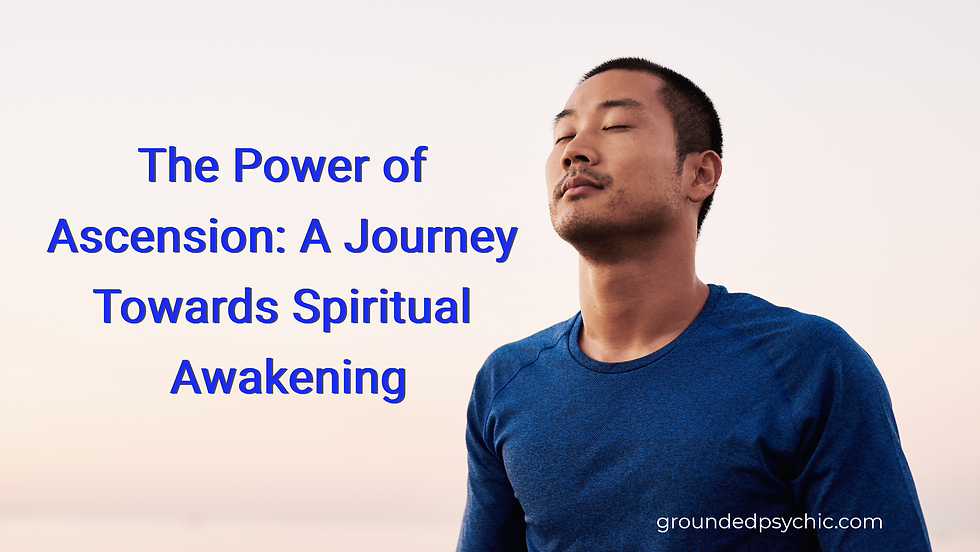 Man in a blue shirt with eyes closed, serene expression, against a soft gradient background. Text: The Power of Ascension.