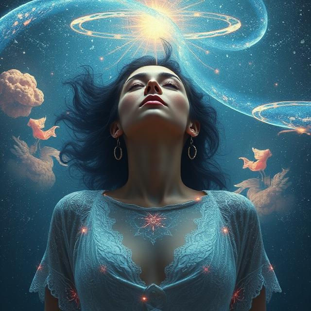 Woman in blue lace top gazes upwards in cosmic setting. Swirling galaxies and stars surround, creating a dreamy, celestial mood.