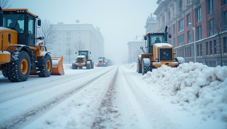 Eye-level view of a snow-covered construction site with paused equipment