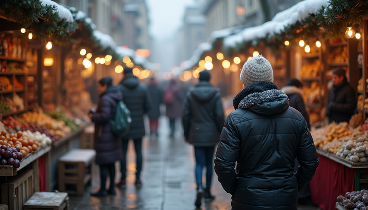 High angle view of a small winter market with vendors and customers bundled up