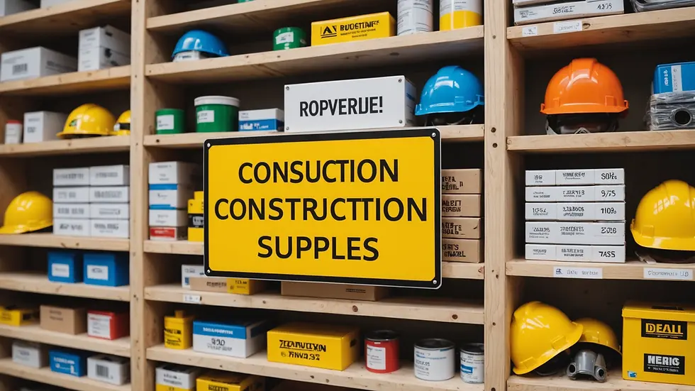 Eye-level view of a sign displaying newly available construction supplies
