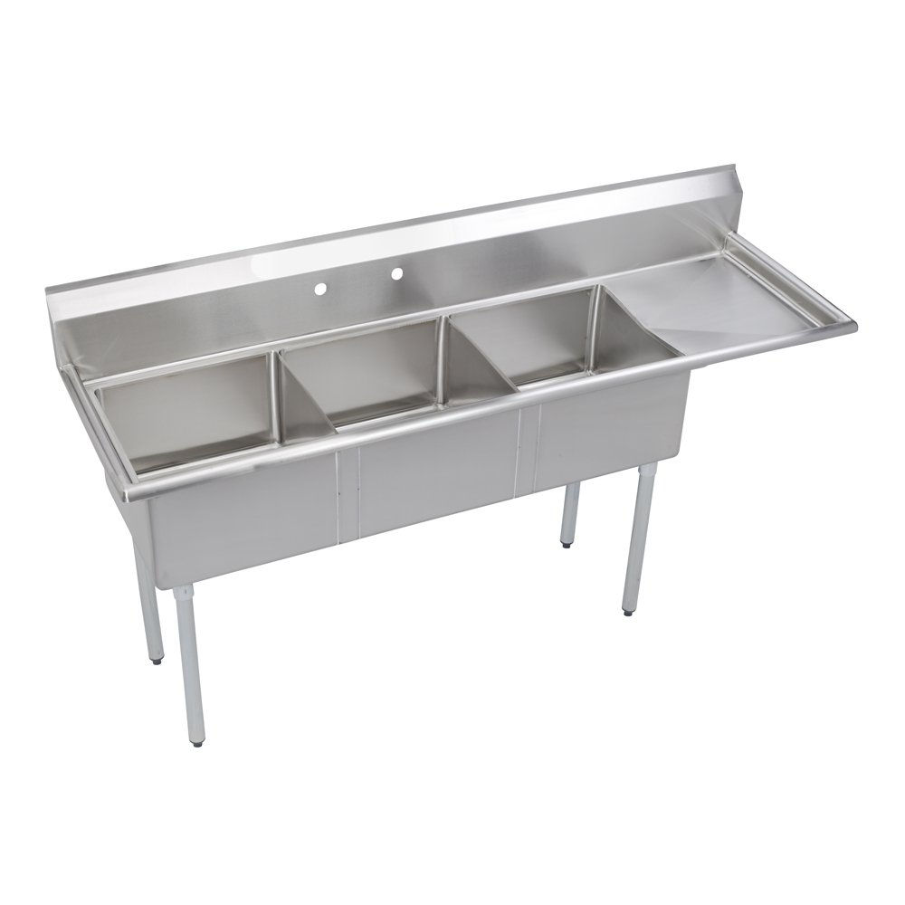 Prepline 56" Stainless Steel Three Compartment Commercial Sink with Right Drainb