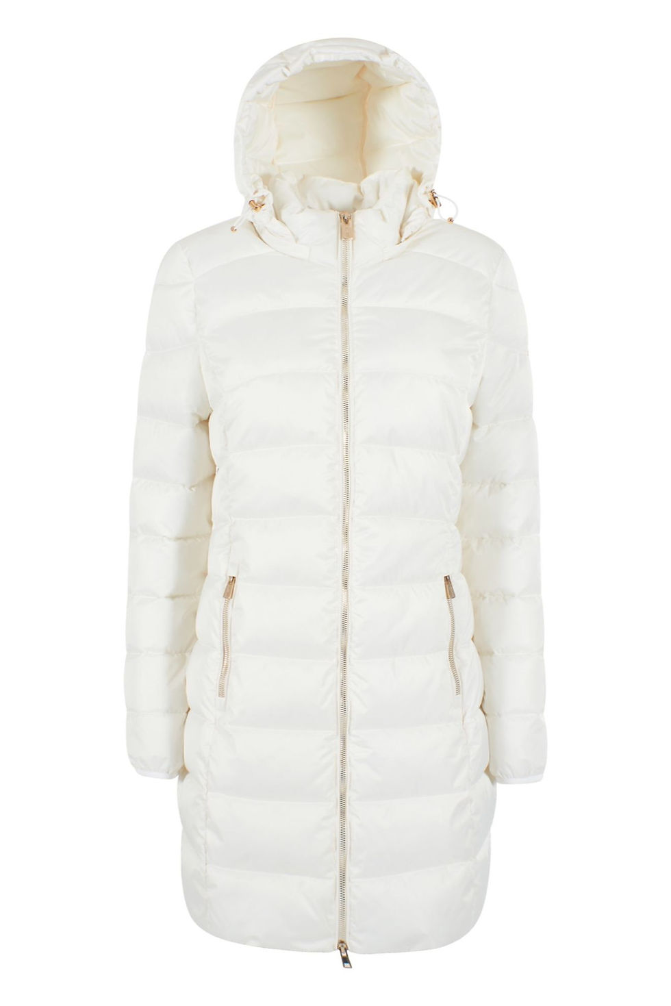 Casaco branco com capuz e zíper. Jaqueta acolchoada para o inverno.