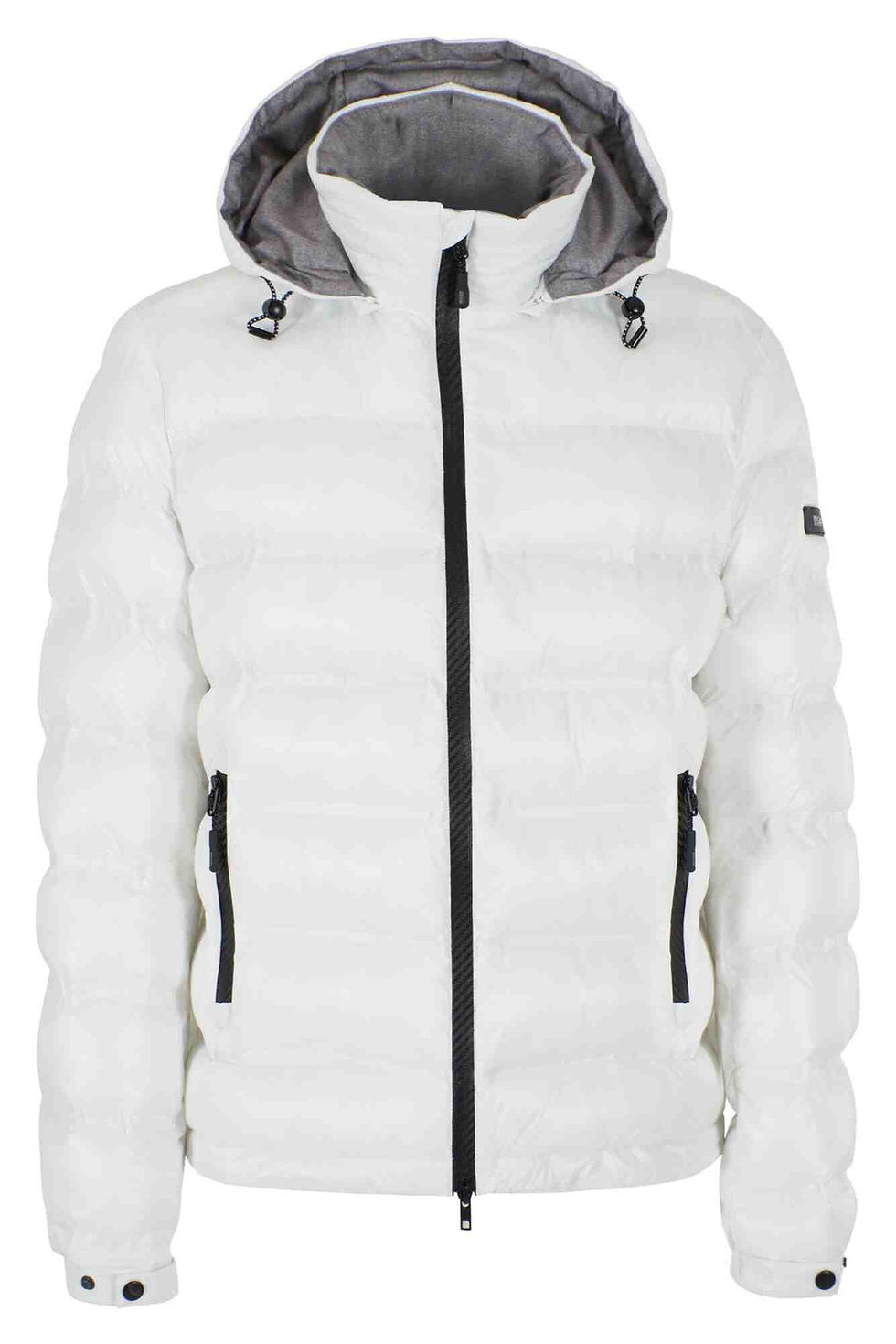 Casaco branco acolchoado com fecho preto e capuz. Camisola cordada Homem. Yes Zee Penafiel.