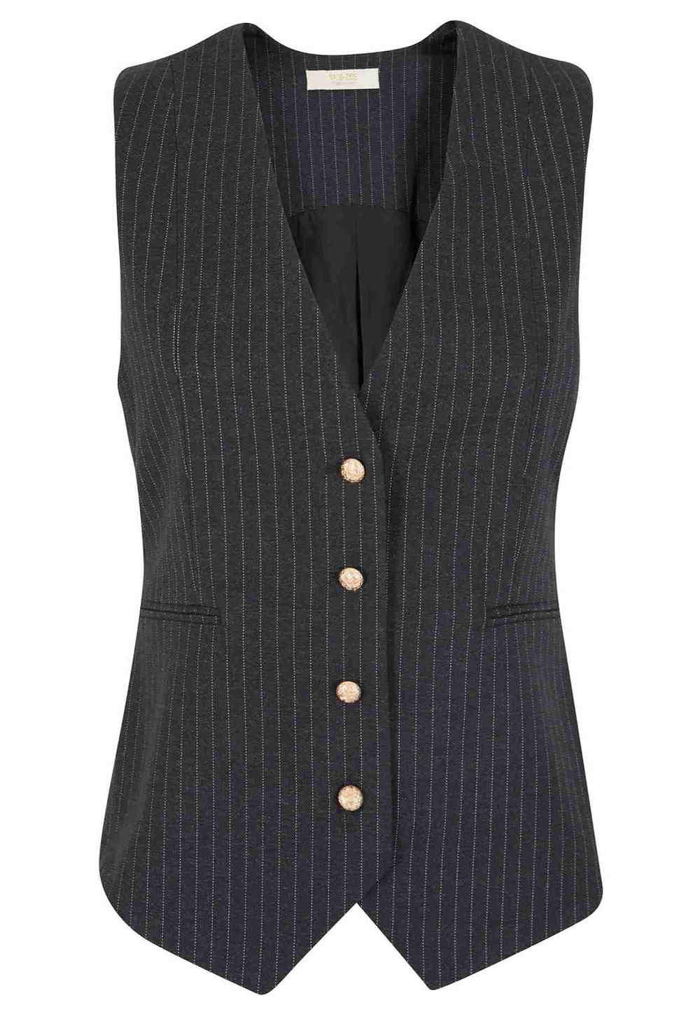 Colete feminino cinza com botões dourados e listras verticais, Colete Yes Zee Penafiel.