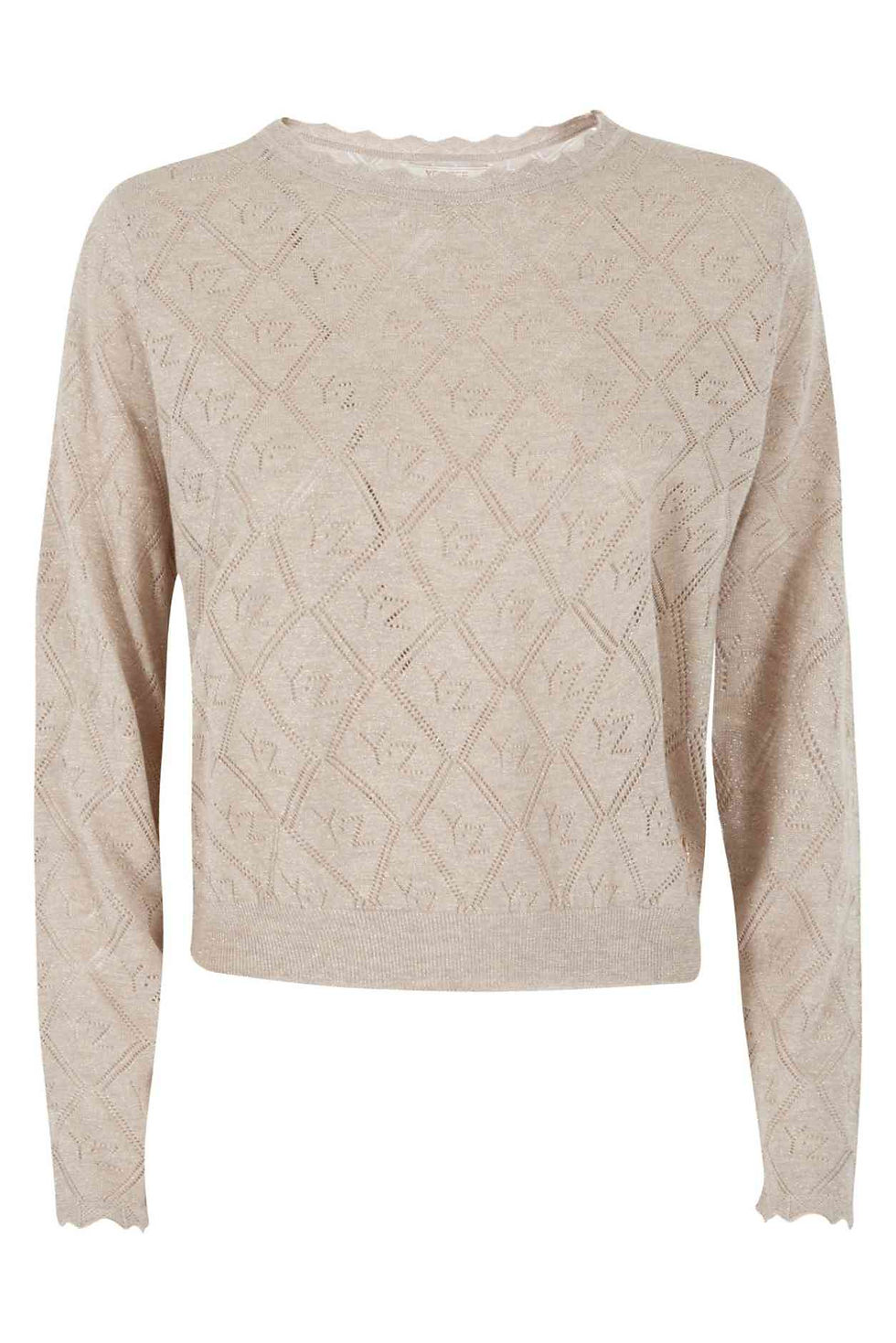 Camisola bege com padrão em losangos, tecido leve para mulher.