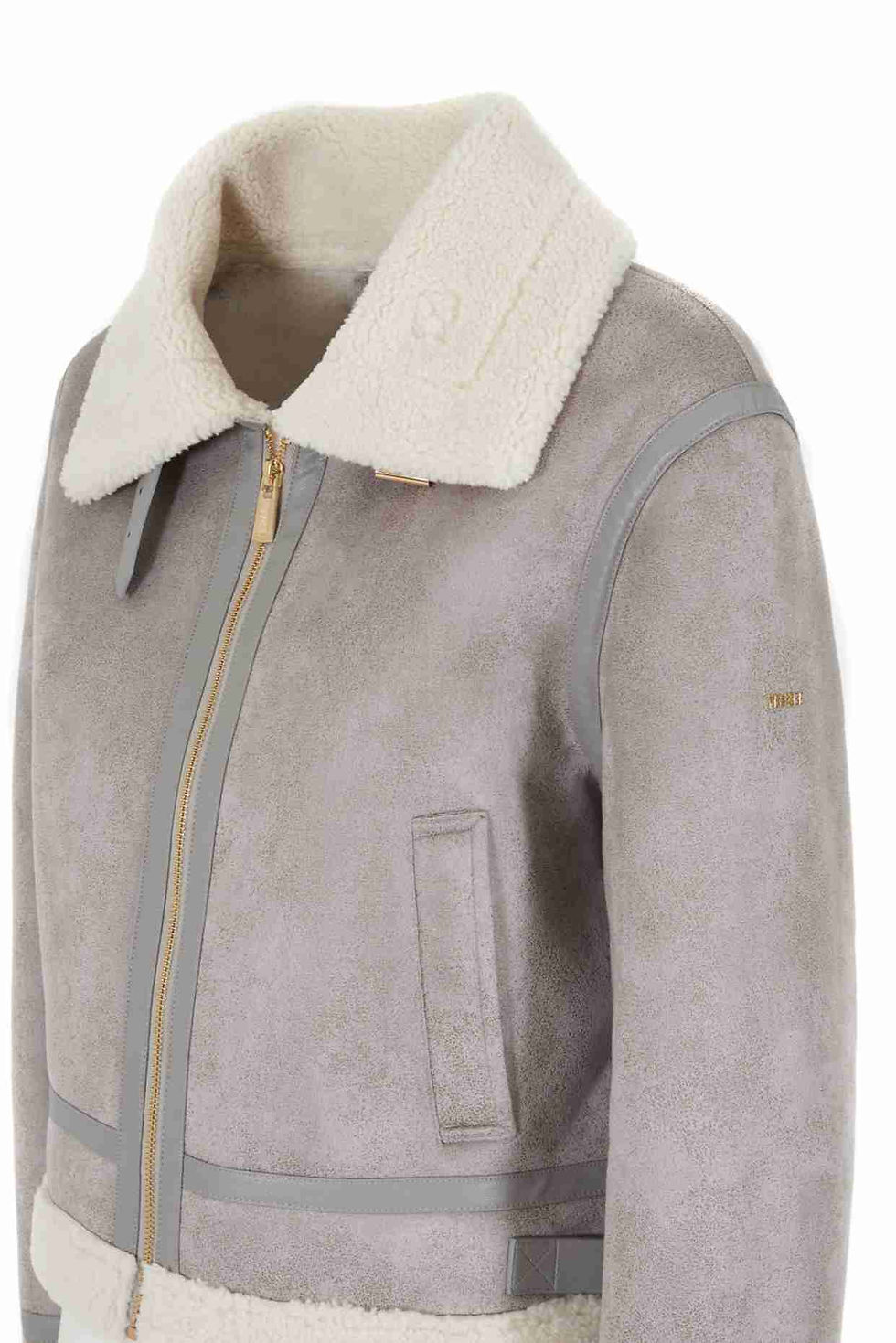 Casaco cinzento com gola branca, fecho dourado e bolso, Yes Zee Penafiel