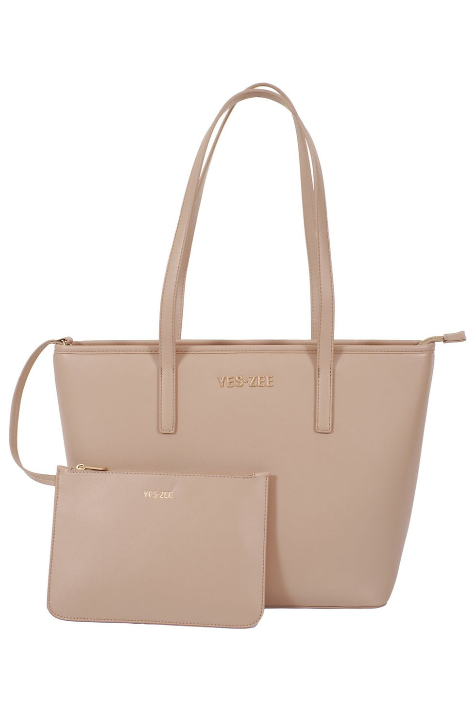 Bolsa de couro feminino bege, com a marca 'Petite Jolie' e design elegante